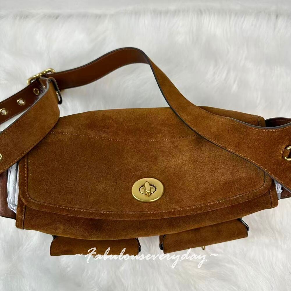 Coach Turnlock Haversack Bag Shoulder/Crossbody Suede Brass/Warm Brown CDZ13 NWT - Picture 7 of 13